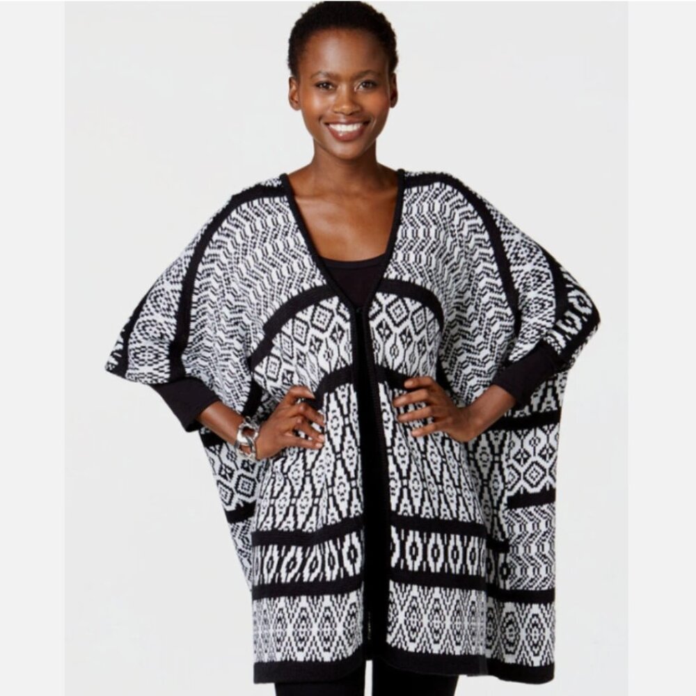 NY Collection Women's Intarsia Knit Poncho Cardigan Size S/M